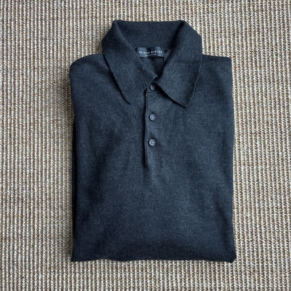 Neiman Marcus Exclusive Merino Silk Cashmere Polo Sweater — Charcoal, L
